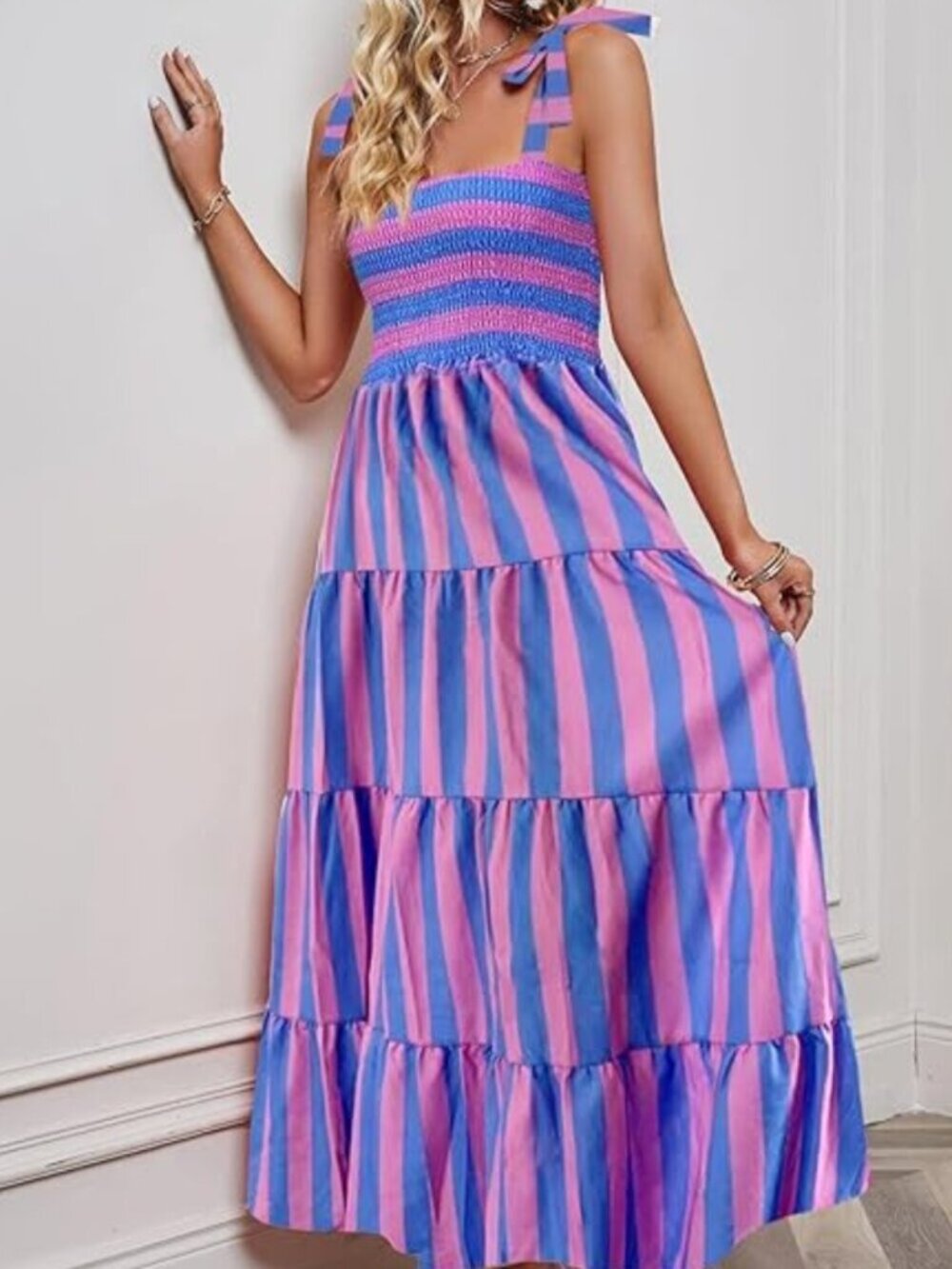 Ice Cream Striped Square Neck Tiered Maxi Dress